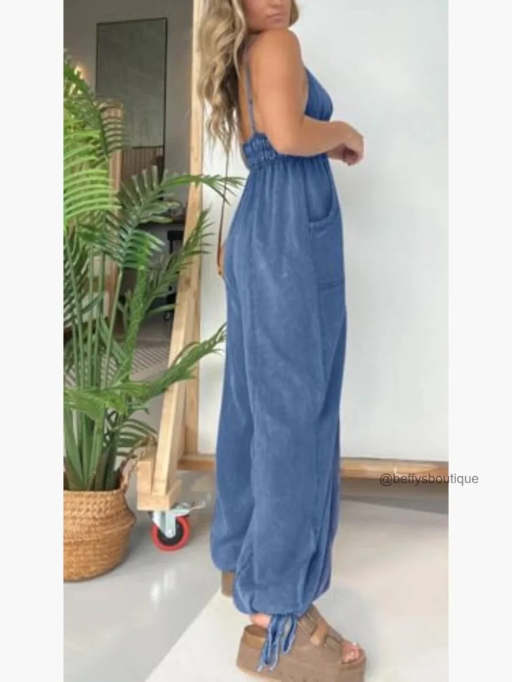 Smocked Elastic Waist Denim Jumpsuit Sleeveless Wide Leg Overall Romper - Picture 3 of 7